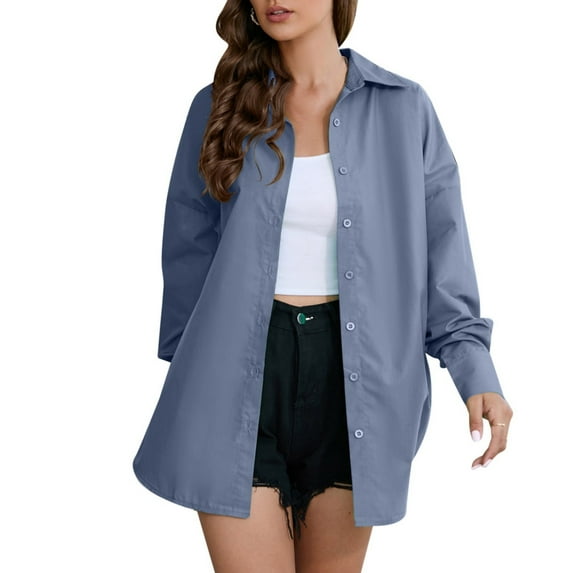 XMHJSMD Summer Tops for Women 2024 Fashion Ladies Shirt Collar Long Sleeve Cotton Solid Bright Color Blouse Lightweight Shirts for Women(Blue,Xl)
