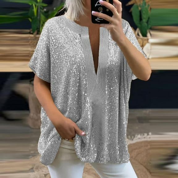 XMHJSMD Vacation Classic-Fit Shirt Plus Size Tops Women Loose Sequin V Neck Short Sleeved Casual Shirt Short Sleeved Blouse (Silver,Xxxl)