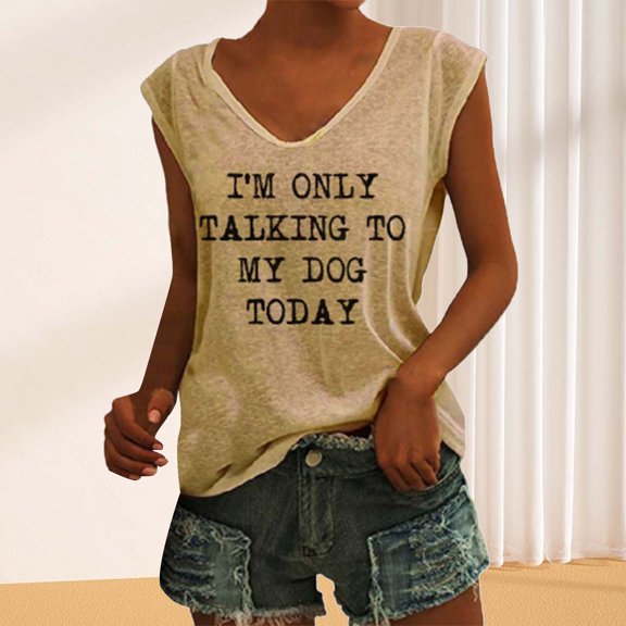 XMHJSMD Vacation Classic-Fit Shirt Plus Size Tops Womens I'M Talking To My God Today Tank Top Casual Funny Words Tank Tops for Women (Khaki,S)