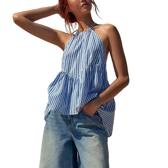 XMHJSMD Women 2024 Summer Sleeveless Striped Peplum Ha Lter Tank Top Sexy Open Back Ruched Ruffle Hem Casual Blouse Shirt (Blue,M)