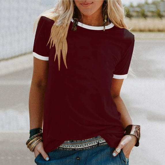 XMHJSMD Women Fashion Casual Print O-Neck Loose Short Sleeve T-Shirt Top Blouse Pullover(Wine Red,Xxxl)