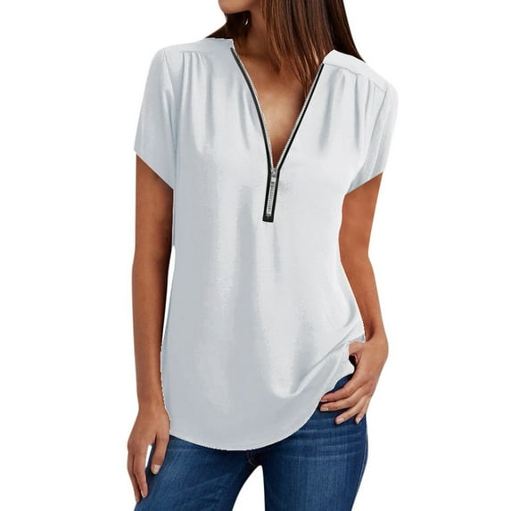 XMHJSMD Women Summer Blouse Loose Casual Zipper Neck Shirt Tops Tee Blouse T-Shirt V Ladies Top Womens Women's Blouse Ladies Tops(White,XXXXL)