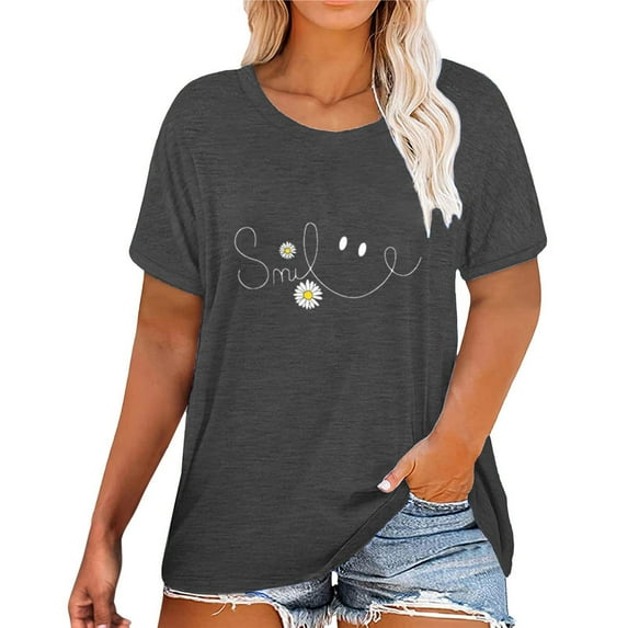 XMHJSMD Women Summer Shirts Women Casual Top Short Sleeve Printed T Shirt Round Neck Loose Soft Top Blouse Elbow Length Tee Shirts for Women(Black,XL)
