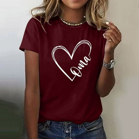 XMHJSMD Women Tops Oma Women's Love Letter Printed Shirt Short Sleeved Round Neck T Shirt Fashion Top Lightweight Soft Casual Summer Clothing Clothes(Wine Red,Xl)