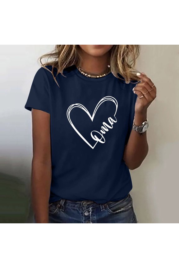 Women Tops Oma Women's Love Letter Printed Shirt Short Sleeved Round Neck T Shirt Fashion Top Lightweight Soft Casual Summer Clothing Clothes(Navy Blue,Xxl)