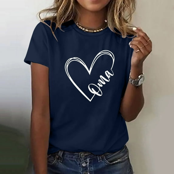 XMHJSMD Women Tops Oma Women's Love Letter Printed Shirt Short Sleeved Round Neck T Shirt Fashion Top Lightweight Soft Casual Summer Clothing Clothes(Navy Blue,Xxl)