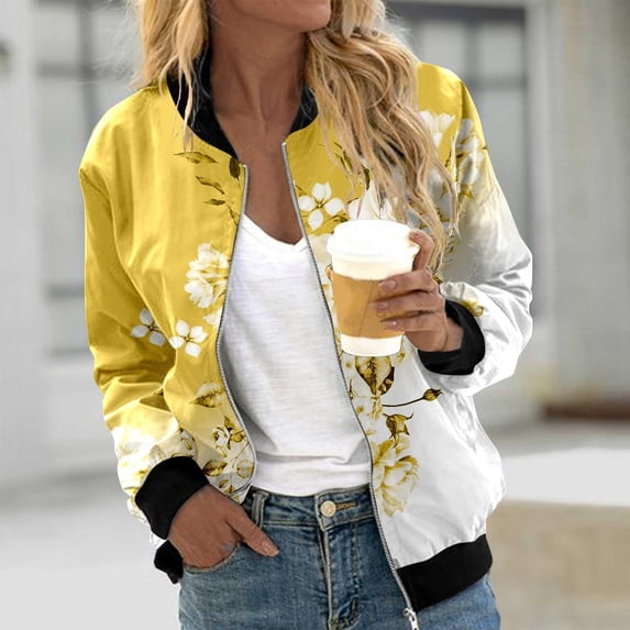 XMHJSMD Women Trendy Casual Zip Up Floral Print Coat Outerwear Lightweight Long Sleeve Fall Workout Running Jacket(Yellow,Xxl)