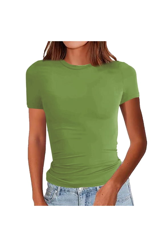 Women's Crew Neck Short Sleeve Tees Slim Fit T Shirt Basic Tops(Green,L)