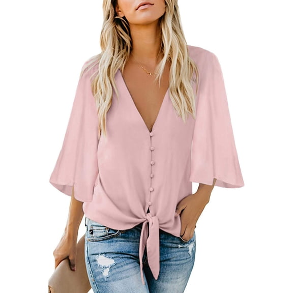 XMHJSMD Women's Double-Layer Plus Size Tops Women's Casual V Neck Tops 3/4 Sleeve Tie Knot Blouses Solid Button Down Shirts (Pink,S)