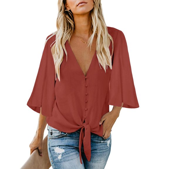 XMHJSMD Women's Double-Layer Plus Size Tops Women's Casual V Neck Tops 3/4 Sleeve Tie Knot Blouses Solid Button Down Shirts (Red,Xxl)