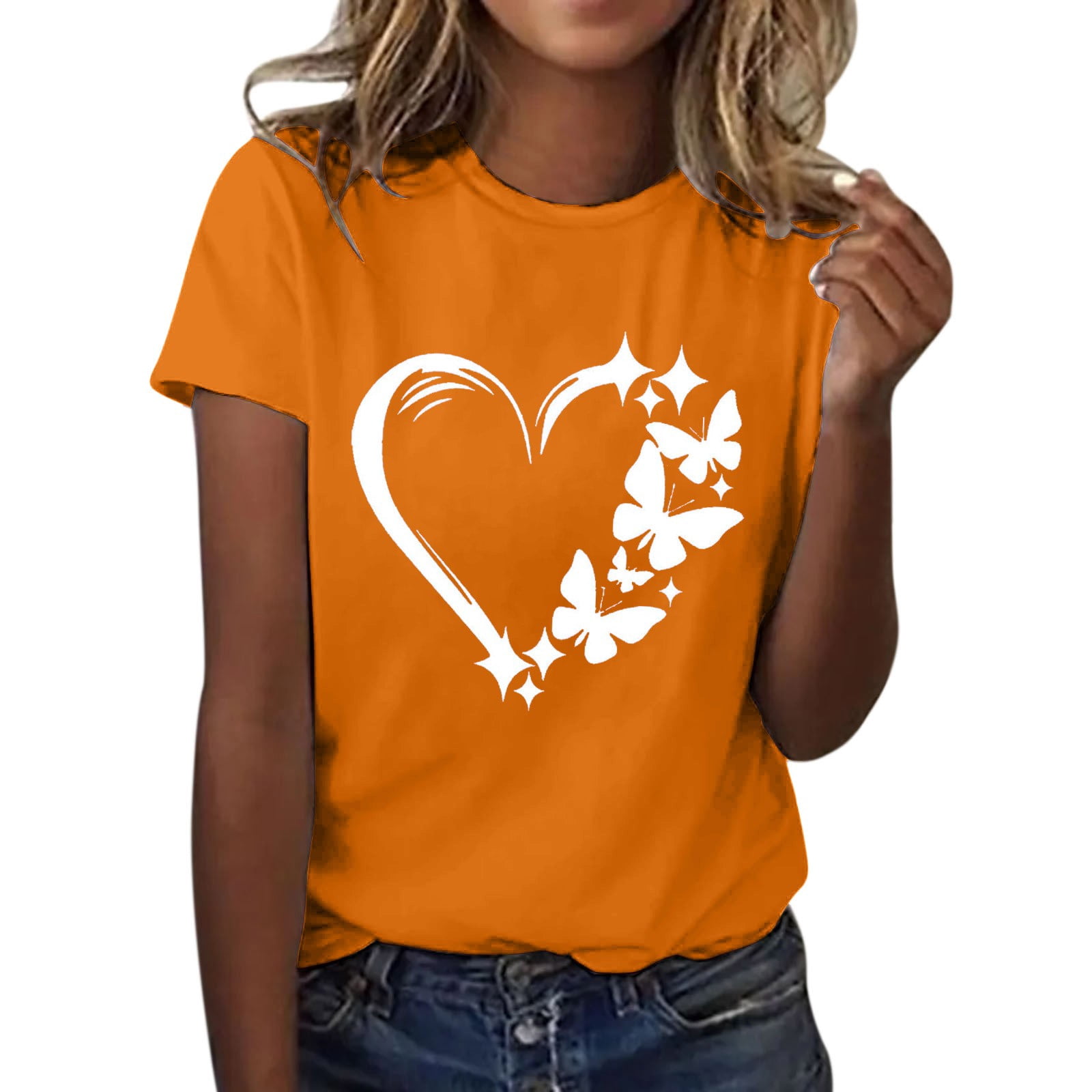 XMHJSMD Women's Love Butterfly Print Round Neck Short Sleeve T