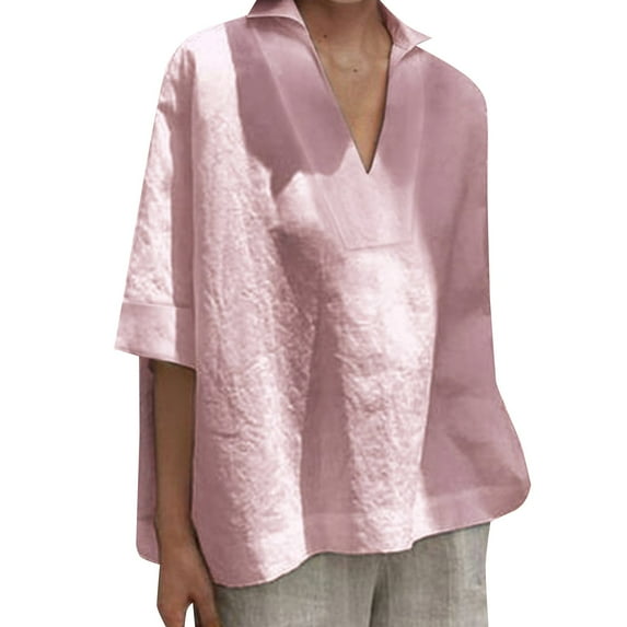 XMHJSMD Women's Mid Sleeved V Neck All Solid Color Oversized Loose Shirt T Shirt(Pink,M)