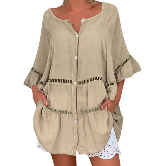 XMHJSMD Women's Plus Size Solid Cotton And Linen Hollow Out V-Neck Pullover Tops Shirt(Khaki,L)