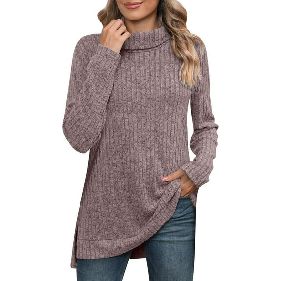 XMHJSMD Women's Plus Size Tops Womens Tunic Tops Turtleneck Long Sleeve Side Split High Low Lightweight Sweaters (Brown,S)