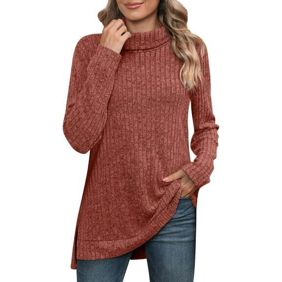 XMHJSMD Women's Plus Size Tops Womens Tunic Tops Turtleneck Long Sleeve Side Split High Low Lightweight Sweaters (Red1,Xl)