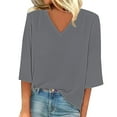 thumbnail image 1 of XMHJSMD Women's Solid Color Fashion Casual V Neck Three Quarter Sleeve Tops(Gray,M), 1 of 4