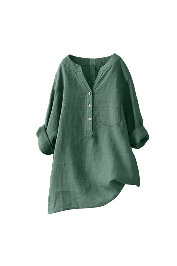 Women's Solid Color Stand Up Collar Button Cotton Long Sleeved Shirt Blouse(Green,S)