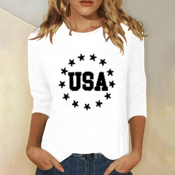 XMHJSMD Women's Summer Round Neck Independence Day Usa Printed Loose Casual 3/4 Sleeve Top(Black,M)