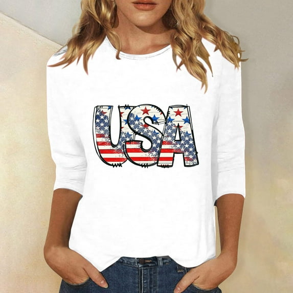 XMHJSMD Women's Summer Round Neck Independence Day Usa Printed Loose Casual 3/4 Sleeve Top(Blue,Xxxl)