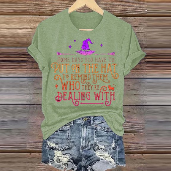 XMHJSMD Women's Witch Print Casual Print T Shirt U Neck Casual T Shirt Top(A,Xxxl)