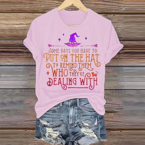 XMHJSMD Women's Witch Print Casual Print T Shirt U Neck Casual T Shirt Top(G,S)