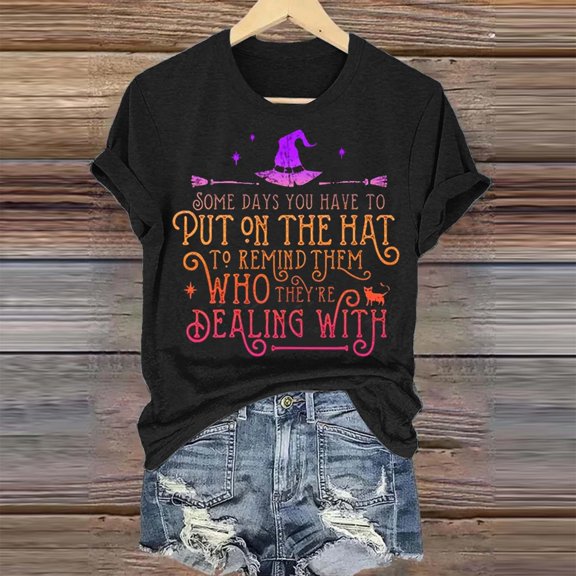 XMHJSMD Women's Witch Print Casual Print T Shirt U Neck Casual T Shirt Top(L,Xl)