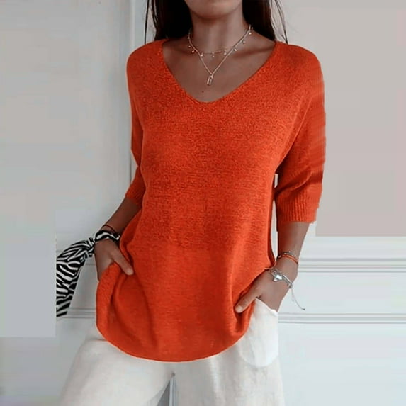XMHJSMD Womens Short Sleeve Sweaters Tops V Neck Pullover Knit Shirts Loose Blouses(Orange,Xxxxl)