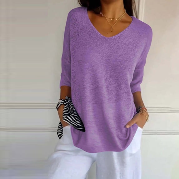 XMHJSMD Womens Short Sleeve Sweaters Tops V Neck Pullover Knit Shirts Loose Blouses(Purple,Xxl)