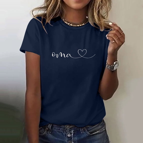 XMHJSMD Womens Summer Clothes Oma Women's Love Letter Printed Shirt Short Sleeved Round Neck T Shirt Fashion Top Lightweight Soft Casual Summer Clothing Clothes(Navy Blue,M)