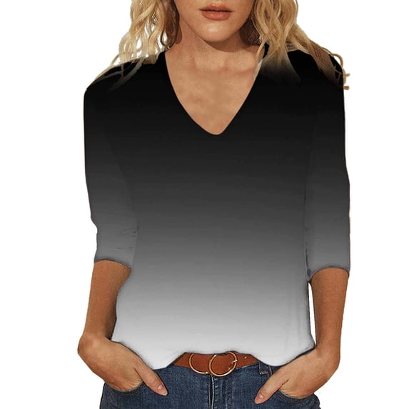 XMHJSMD Womens Tops 3/4 Sleeve Summer Print Plain Travel Cute Tops V Neck Slim Fit Half Sleeve Tshirts Shirts Spring Blouse(Black,Xxl)