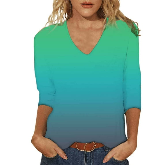 XMHJSMD Womens Tops 3/4 Sleeve Summer Print Plain Travel Cute Tops V Neck Slim Fit Half Sleeve Tshirts Shirts Spring Blouse(Green,M)
