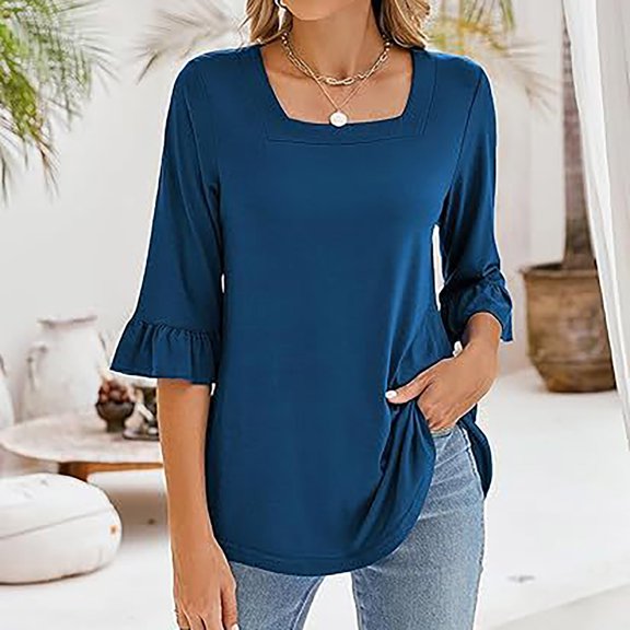 XMHJSMD Womens Tops Women's Casual 3/4 Sleeve Tops Summer Square Neck T Shirts Ruffle Loose Fit Tunic Blouses(Blue1,S)