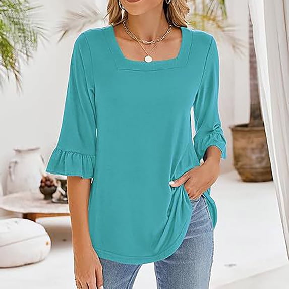 XMHJSMD Womens Tops Women's Casual 3/4 Sleeve Tops Summer Square Neck T Shirts Ruffle Loose Fit Tunic Blouses(Blue2,S)