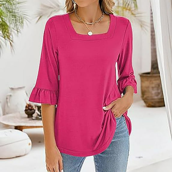 XMHJSMD Womens Tops Women's Casual 3/4 Sleeve Tops Summer Square Neck T Shirts Ruffle Loose Fit Tunic Blouses(Hot Pink,Xl)