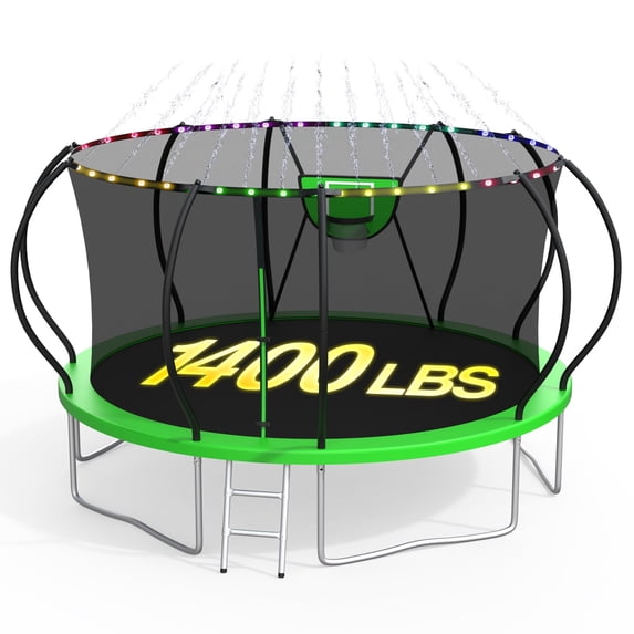 XMIKA 1400LBS Trampoline for Kids and Adults, 14FT Trampolines with Enclosure Net, Basketball Hoop, Light, Sprinkler, Outdoor Backyard Heavy Duty Trampoline, Curved Design