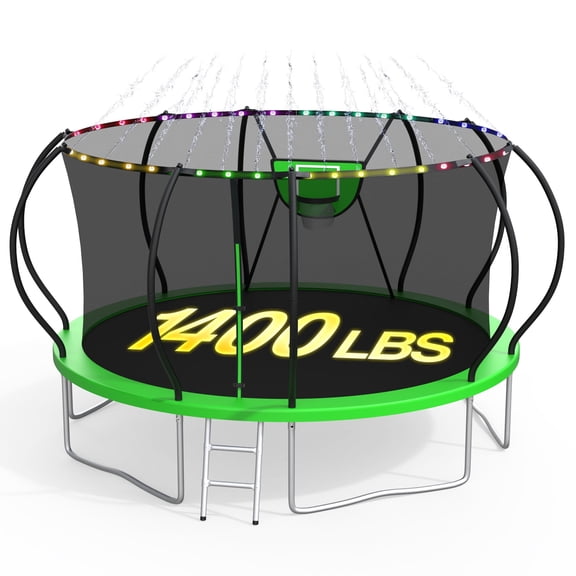 XMIKA 1400LBS Trampoline for Kids and Adults, 14FT Trampolines with Enclosure Net, Basketball Hoop, Light, Sprinkler, Outdoor Backyard Heavy Duty Trampoline, Curved Design
