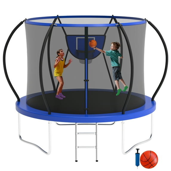 XMIKA Trampoline, 10FT 8FT 12FT 14FT 16FT Trampoline for Kids and Adults with Enclosure Net, Basketball Hoop, Ladder, 1000LBS Outdoor Recreational No-Gap Design Round Trampoline, Anti-Rust Frame