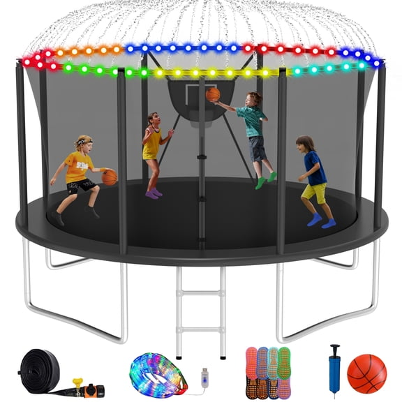 XMIKA Trampoline, 12FT 8FT 10FT 14FT 16FT Trampoline for Kids and Adults with Enclosure Net, Basketball Hoop, Ladder, Light, Sprinkler, Socks, 1200LBS Outdoor Recreational No-Gap Design Trampoline