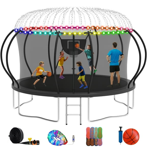 XMIKA Trampoline, 14FT 8FT 10FT 12FT 16FT Trampoline for Kids and Adults with Enclosure Net, Basketball Hoop, Ladder, Light, Sprinkler, Socks, 1400LBS Outdoor Recreational No-Gap Design Trampoline