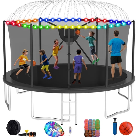 XMIKA Trampoline, 16FT 8FT 10FT 12FT 14FT Trampoline for Kids and Adults with Enclosure Net, Basketball Hoop, Ladder, Light, Sprinkler, Socks, 1500LBS Outdoor Recreational No-Gap Design Trampoline