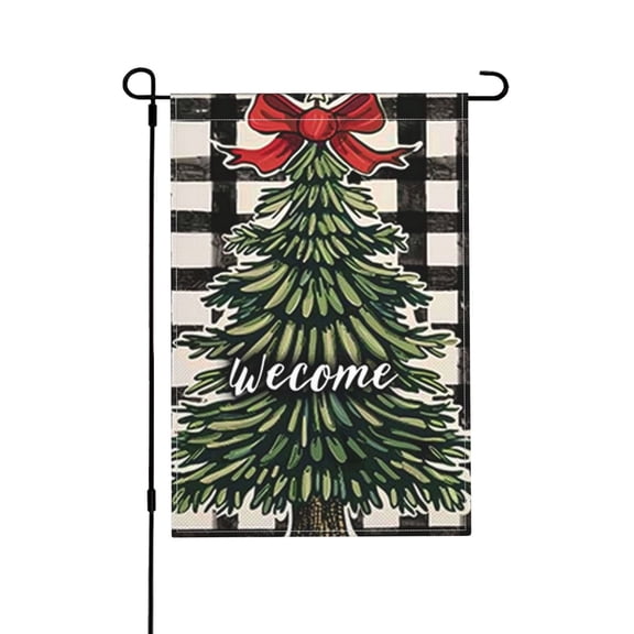 XMLMRY Welcome Christmas Pine Tree Home Decorative Garden Flag, Xmas Yard Lawn Buffalo Plaid Check Outside Decor, Winter Farmhouse Outdoor Small Burlap Decoration Double Sided 12 x 18