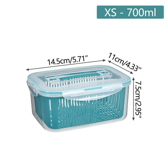 XMMSWDLA 1 Pcs Fruit Vegetable Storage Containers for Fridge Berries Vegetable Wash Vegetables Dehydration with Lids 1pc Double Drain Box (Rectangular) Portable Box+Drain Basket 700ML