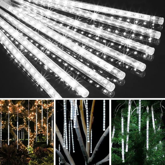 XMMSWDLA 11.8 Inches 8 Tubes 144 LED Meteor Shower Rain Lights - Waterproof Drop Icicle Snow Falling Raindrop Cascading Lights for Garden Wedding Party Christmas white landscape lighting