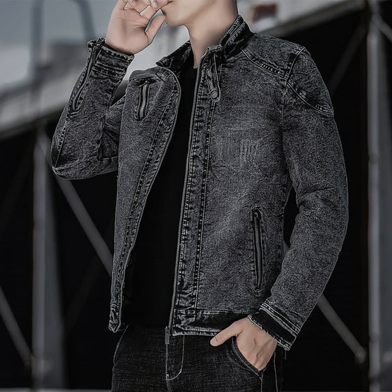 XMMSWDLA 2022 Men Tops Autumn Spring And Autumn Solid Color Zipper Faux Leather Jacket