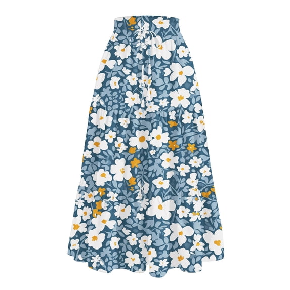 Yucgh Women's Floral Print Midi Skirt with Drawstring Elastic Waist, Casual Bohemian Skirt, A-line Summer Skirt with Pockets,Royal Blue,S