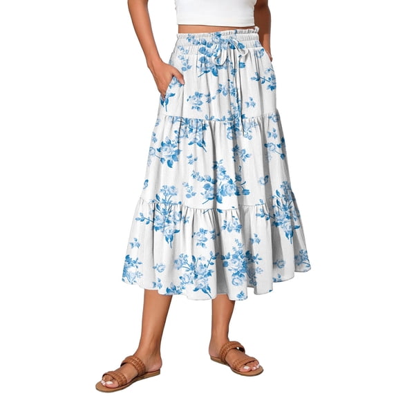Yucgh Women's Tiered Flowy Midi Skirt with Drawstring High Waist, Floral Pleated Beach Skirt, Lightweight Summer Long Skirt for Casual Wear,White,L