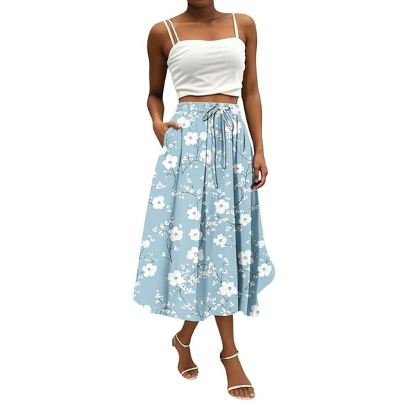 Yucgh Women's Bohemian Flower Print Midi Skirt with Pockets, Solid Color Casual Skirt, High Waisted Elastic Waist Skirt for Summer,Sky Blue,S