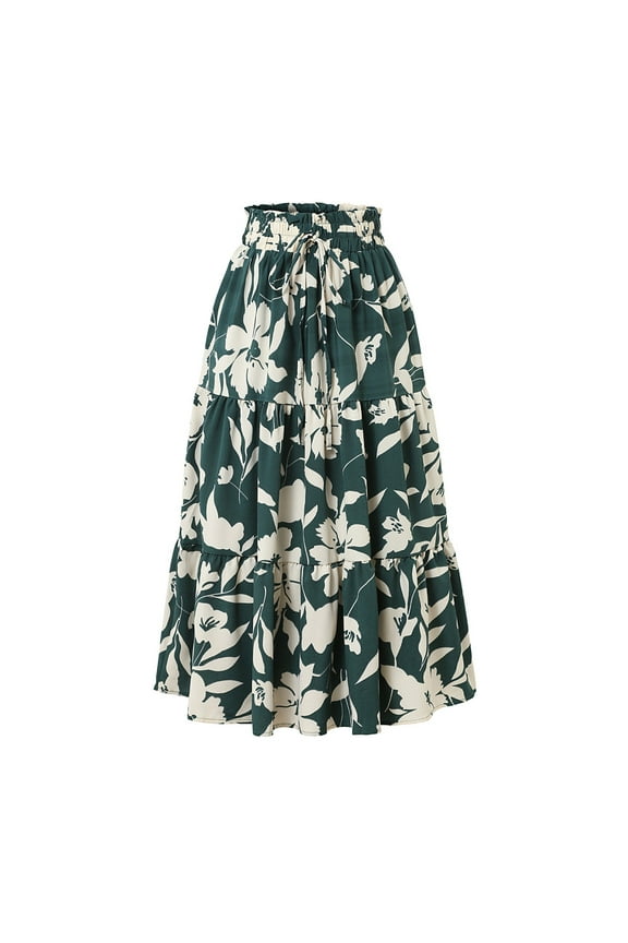 Women's Pleated Floral Midi Skirt with Drawstring Elastic Waist, Lightweight Casual Summer Skirt, Boho Printed A-line Skirt ,Green,M