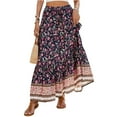 thumbnail image 1 of Yucgh Women's Smocked High Waist Beach Skirt with Slit, Bohemian A-line Maxi Skirt, Flowy Pleated Summer Casual Skirt,Navy,L, 1 of 8