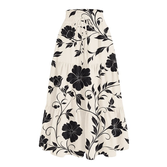 Yucgh Women's Floral Print Midi Skirt with Drawstring Elastic Waist, Casual Bohemian Skirt, A-line Summer Skirt with Pockets,Khaki,S